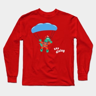 cartoon illustration of skydiving with litlle dinosaur Long Sleeve T-Shirt